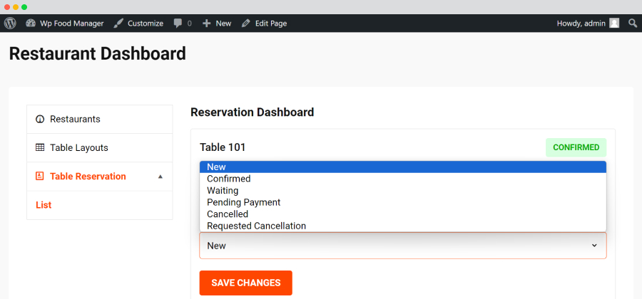 Restaurant Dashboard-Table Reservation-reservation status-DropDown